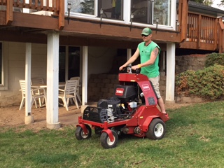 A core aerator pulling soil plugs from a yard