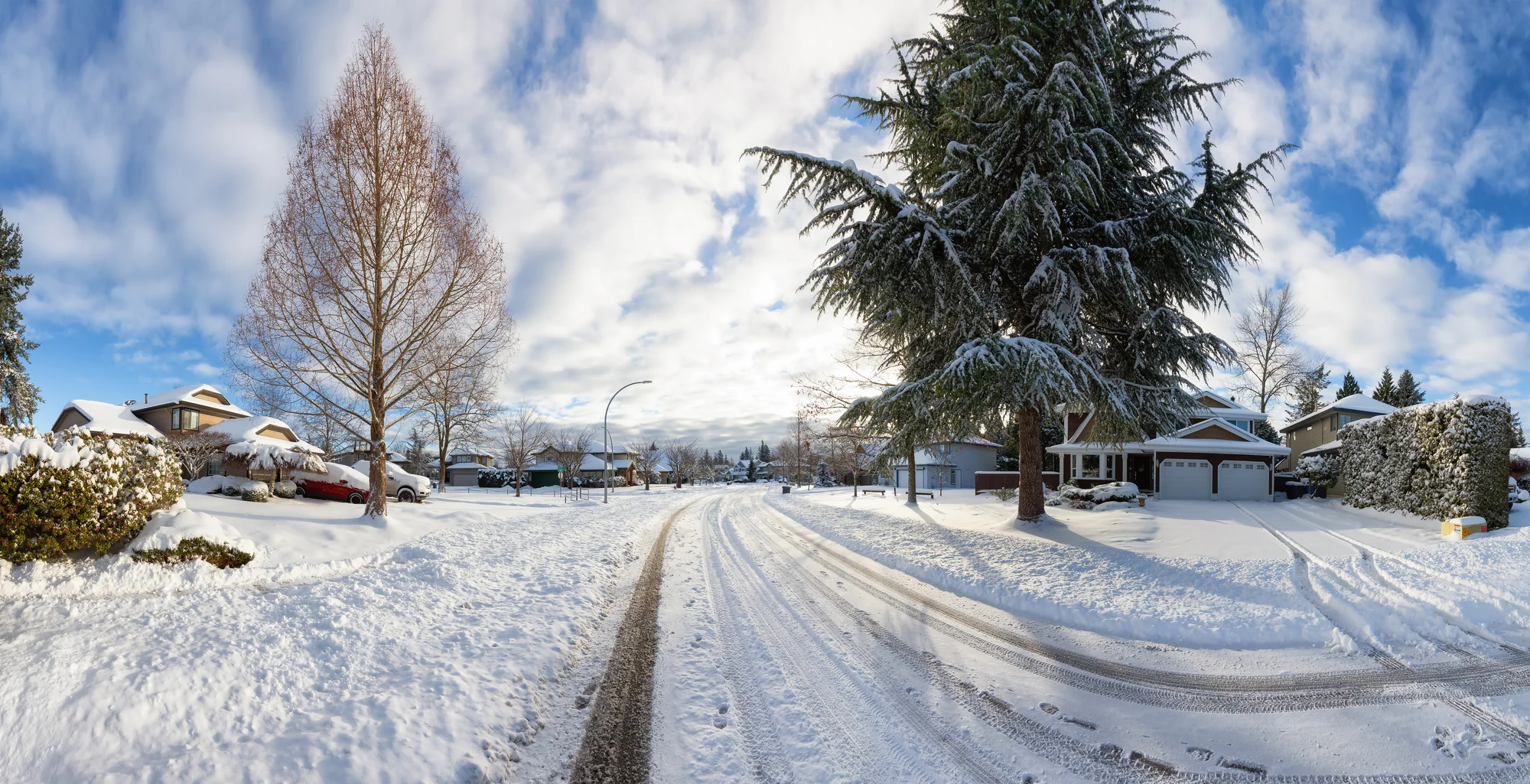 Plowed residential driveway on a snowy street in Oakdale, MN